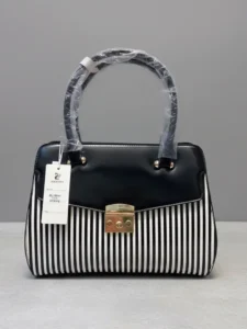black white striped handbag with gold lock for women