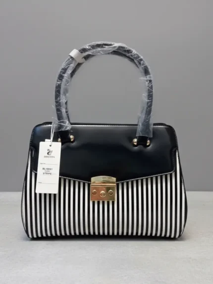 black white striped handbag with gold lock for women