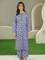 Blue 3D printed lawn 2 piece suit for women with floral design