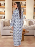 Blue white 3D printed lawn 2 piece suit for women