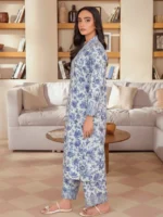Blue white 3D printed lawn 2 piece suit for women
