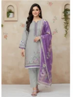 Grey printed lawn 3 piece suit with purple dupatta for women