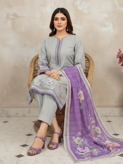 Grey printed lawn 3 piece suit with purple dupatta for women