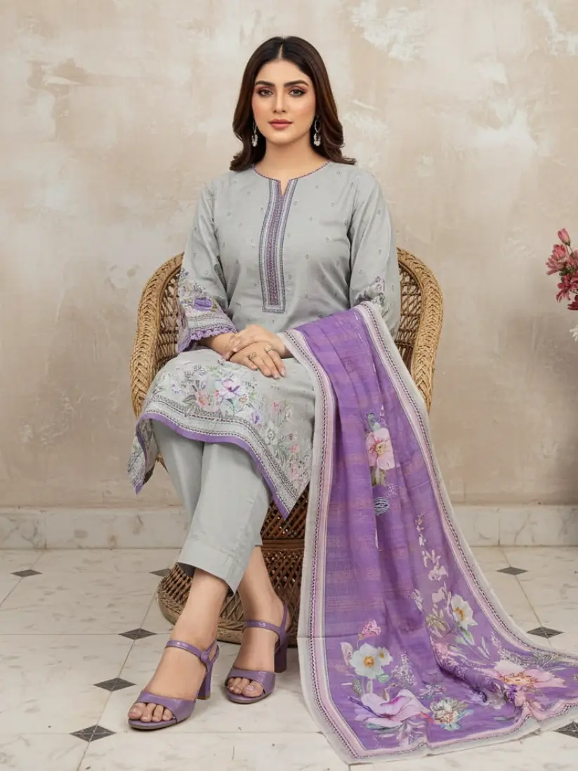 grey-printed-lawn-3-piece-suit-dupatta Grey printed lawn 3 piece suit with purple dupatta for women