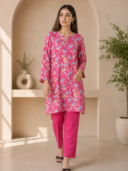 hot pink floral 2 piece lawn suit