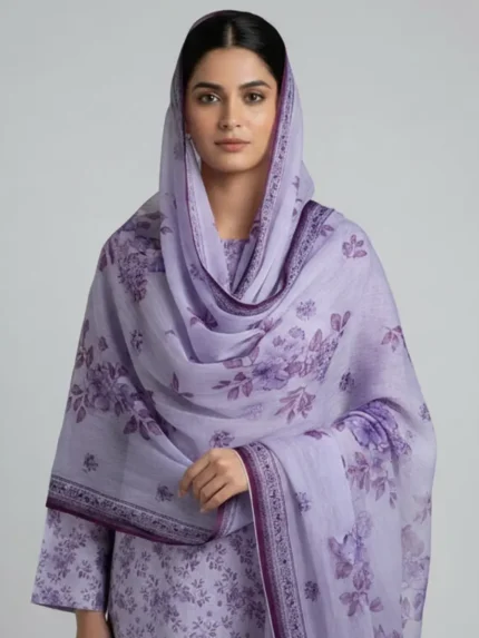 Lavender printed lawn 3 piece suit with dupatta for women
