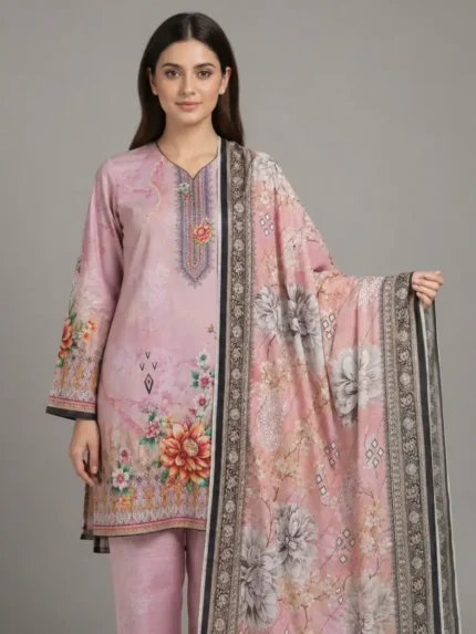 Pink printed lawn 3 piece suit with floral design and dupatta