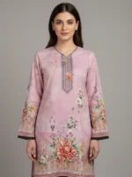 Pink printed lawn 3 piece suit with floral design and dupatta