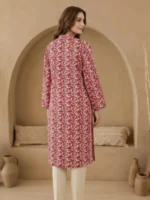 Red printed lawn 2 piece suit for women with cream trouser