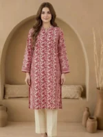 Red printed lawn 2 piece suit for women with cream trouser