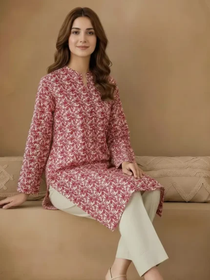 Red printed lawn 2 piece suit for women with cream trouser
