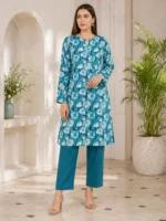 teal blue 3d printed 2 piece lawn suit