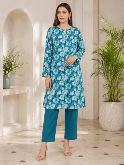 teal blue 3d printed 2 piece lawn suit