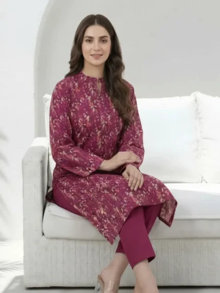 Wine Printed Lawn 2 Piece Suit for Women – 3D Design