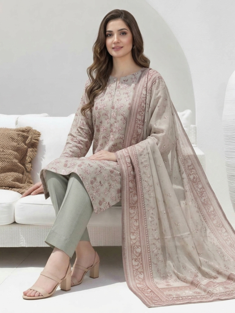 Women beige floral printed unstitched 3 piece lawn suit front view