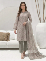 Beige grey lawn suit with printed dupatta for women
