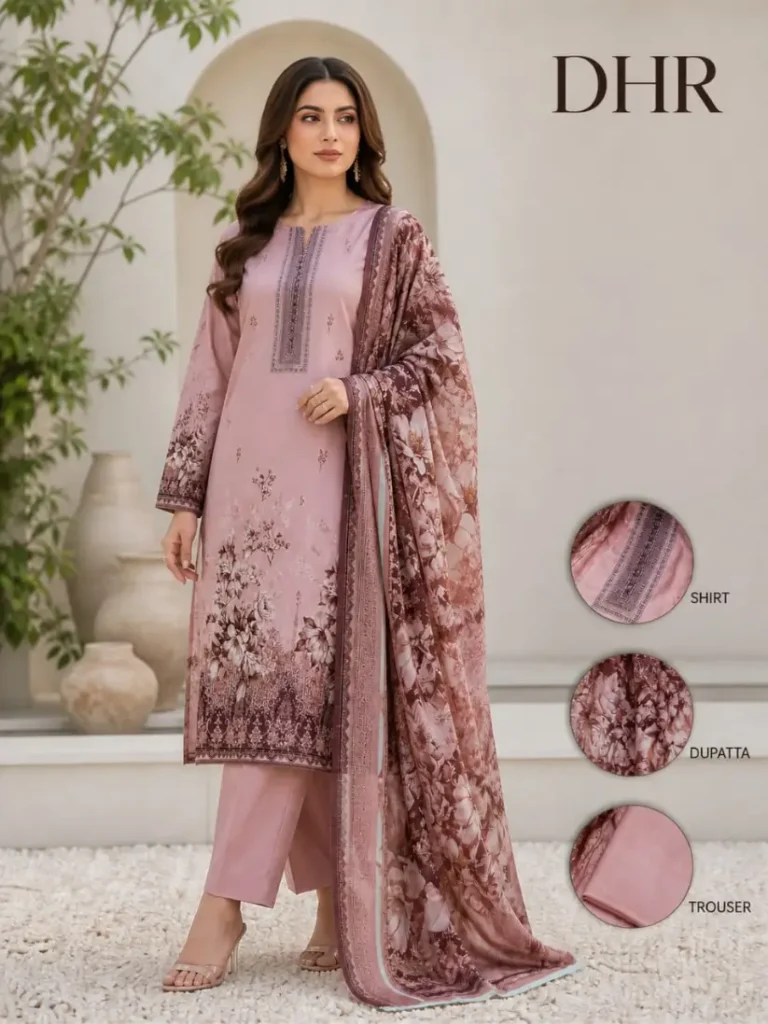 Dusty rose lawn suit with printed dupatta for women