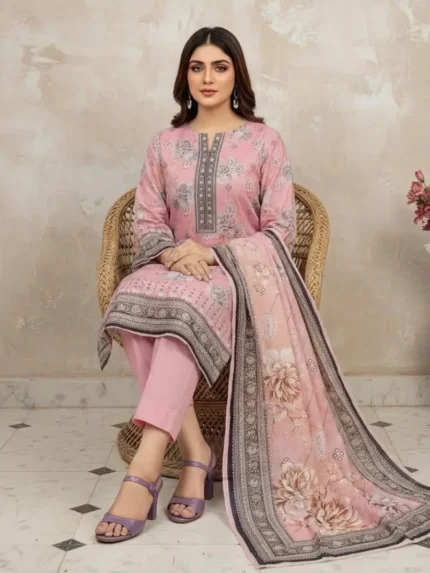 Elegant pink floral printed lawn suit summer collection for women