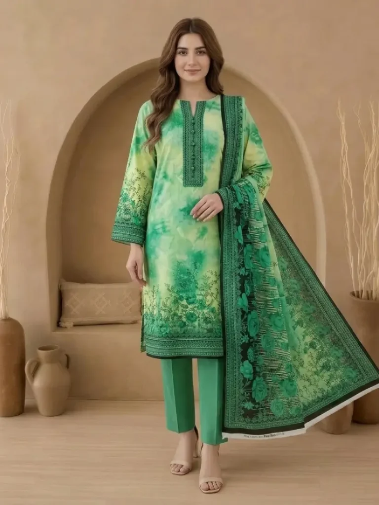 Women green tie dye printed unstitched 3 piece lawn suit front view