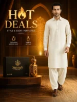 Men Cream Wash & Wear Suit with Habib Attar Premium Hot Deal Combo
