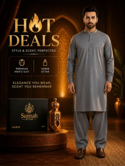 Men Dusty Blue Wash & Wear Suit with Habib Attar Hot Deal Summer Collection