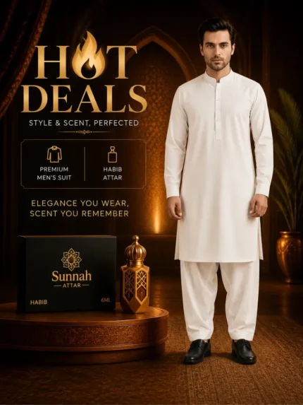 Men Off White Wash & Wear Suit with Habib Attar Premium Hot Deal Combo