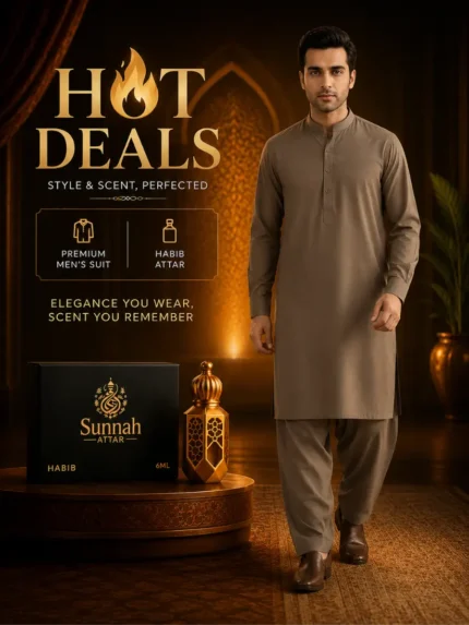 Men Sand Beige Wash & Wear Suit with Habib Attar Hot Deal Summer Collection