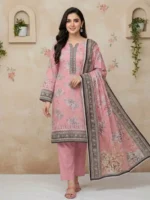 Women soft pink floral printed unstitched 3 piece lawn suit front view
