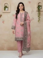 Soft pink unstitched lawn suit with printed dupatta for women