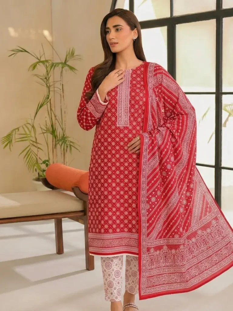 Red lawn suit with printed dupatta for women