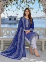 Royal blue printed lawn suit with matching dupatta sitting pose