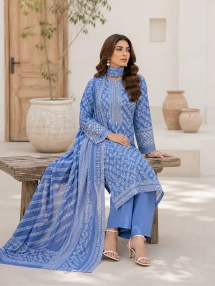 Royal blue lawn suit with printed dupatta for women