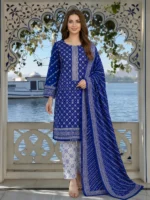 Royal blue lawn suit with printed dupatta for women standing pose