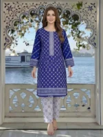 Women royal blue traditional printed unstitched 3 piece lawn suit front view