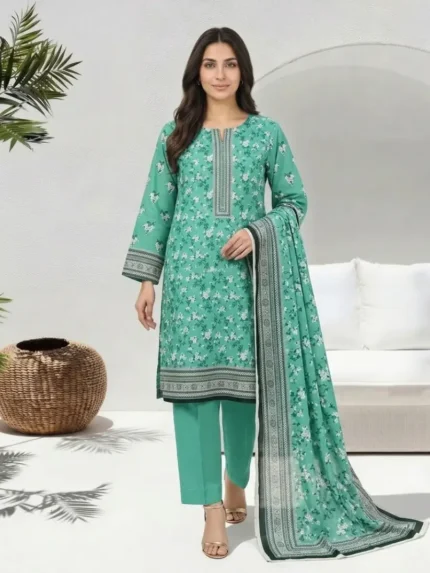 Women sea green floral printed unstitched 3 piece lawn suit front view