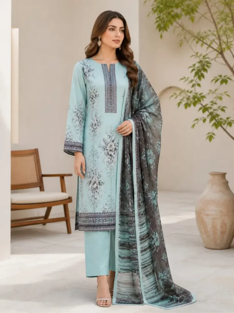 Women sky blue floral printed unstitched 3 piece lawn suit front view