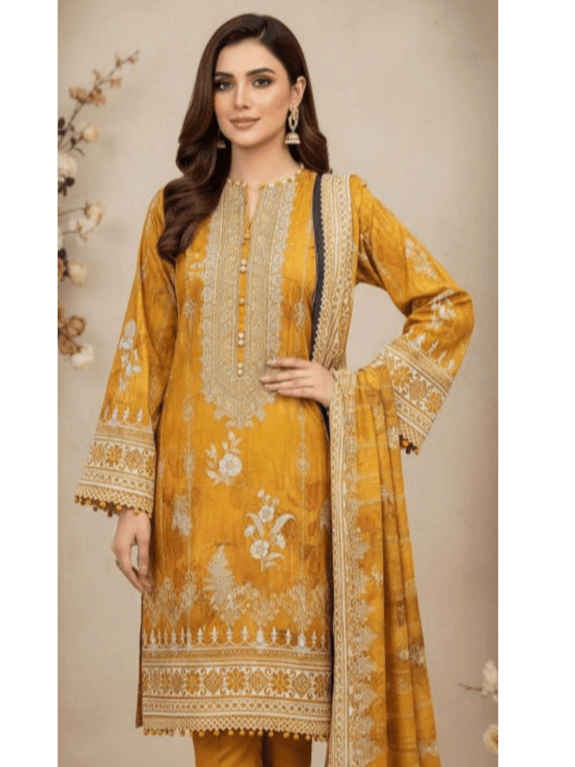 Untitled design (1) Mustard floral printed unstitched 3 piece lawn suit with dupatta - Image 1