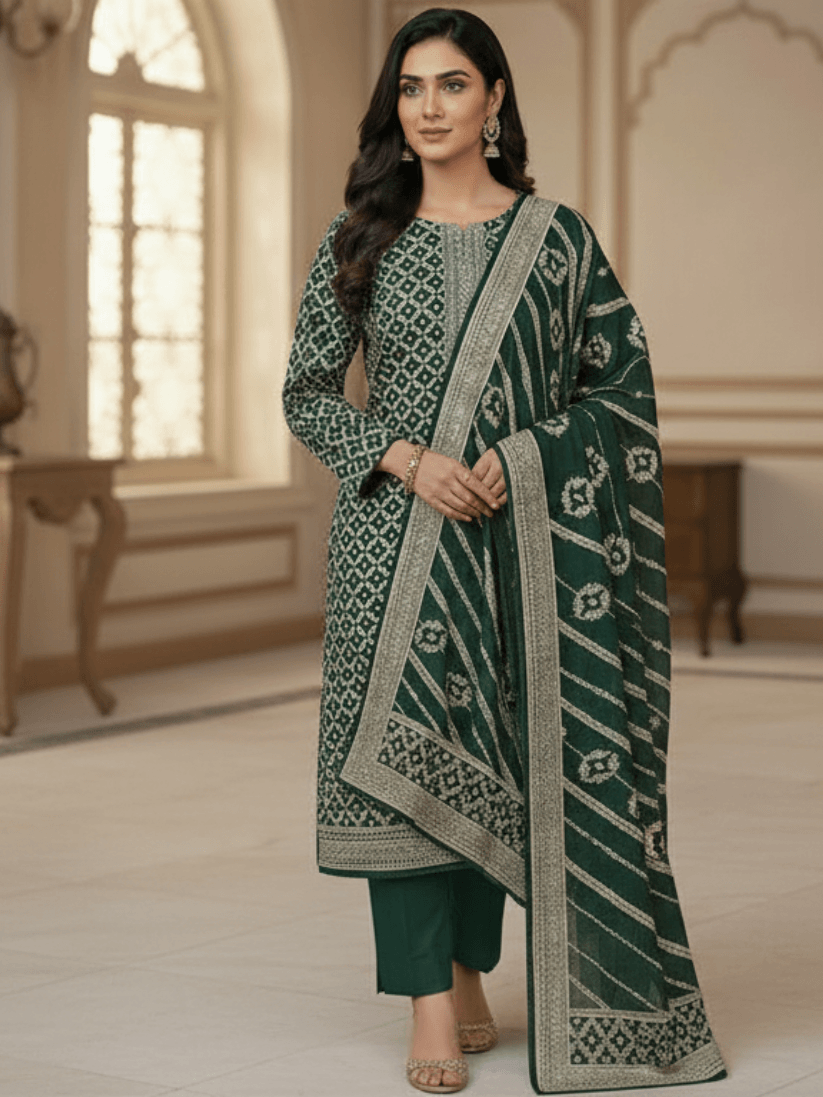 Untitled design (12) (1) Aesthetic Dark Green Unstitched 3Piece Lawn Suit - Image 1