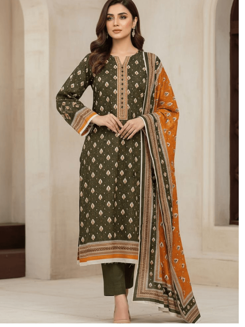 Untitled design (4) (1) Olive Green with Rust Orange Duppatta Unstitched 3 piece Lawn Collection - Image 1