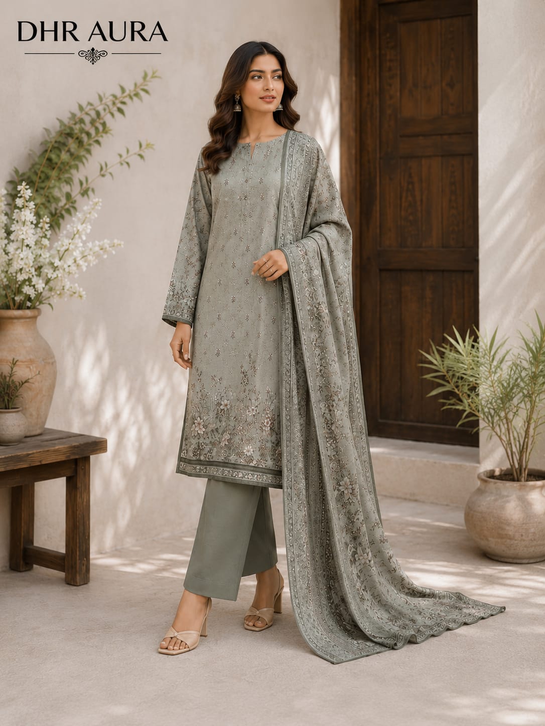 1782718260794 Elegant Sage Green DHR AURA 3 Piece Unstitched Lawn Suit. - Image 1
