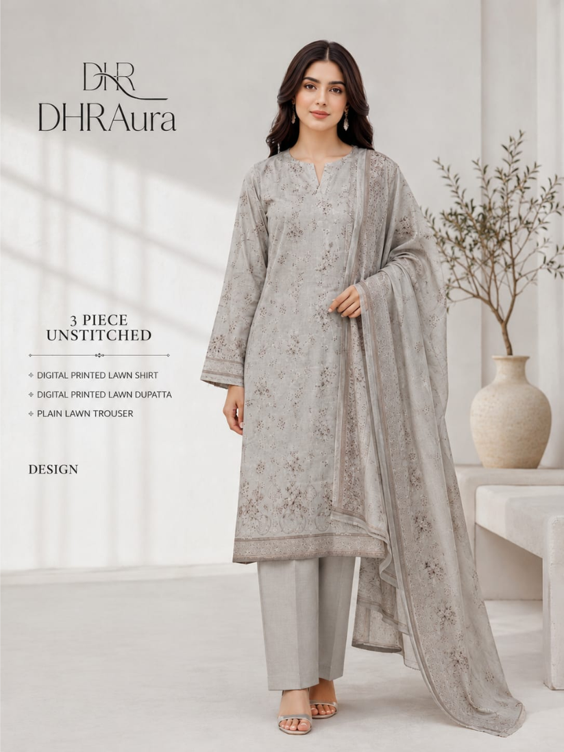 Elegant 3-piece unstitched lawn suit featuring a printed floral shirt, plain dyed trouser, and beautifully printed floral dupatta with decorative borders. Crafted from premium lawn fabric for a co DHRAura Elegant Floral Beige – 3 Piece Unstitched Lawn Suit - Image 1