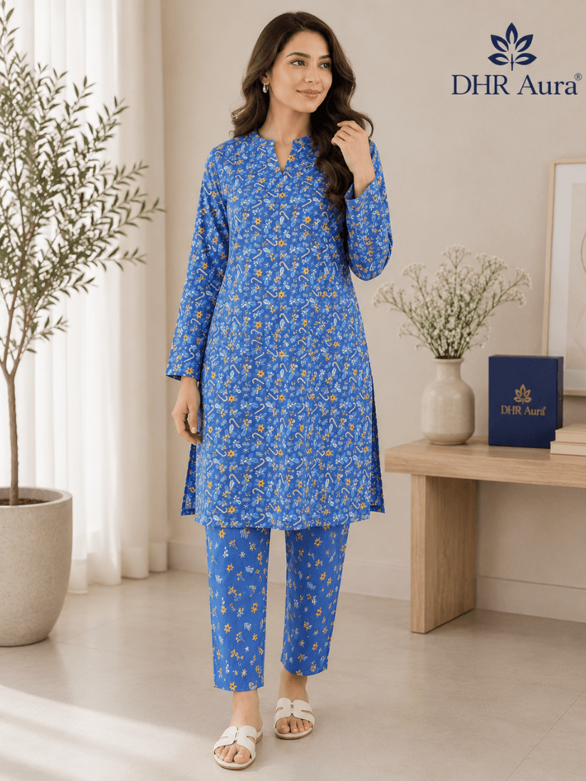 Untitled design (24) (1) DHR Aura – Azure Blossom 2 Piece Unstitched Lawn Suit - Image 1