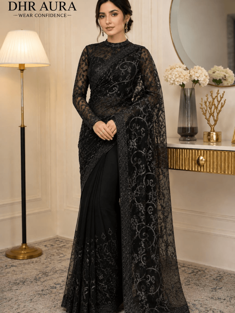 Untitled design (34) (1) DHR Aura Black Embroidered Net Saree - Image 1