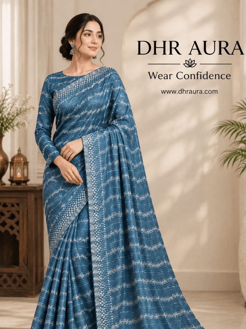 Untitled design (48) (1) DHR Aura Blue Printed Silk Sare - Image 1