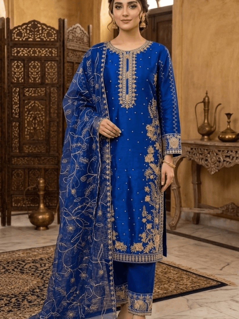Untitled design (61) (1) Royal Blue & Golden Embroidered 3-Piece Suit - Image 1